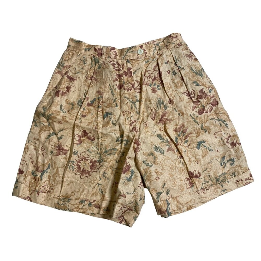 Lauren Ralph Lauren Vtg Linen Floral Pleated High Rise Womens Shorts Sz 8 petite